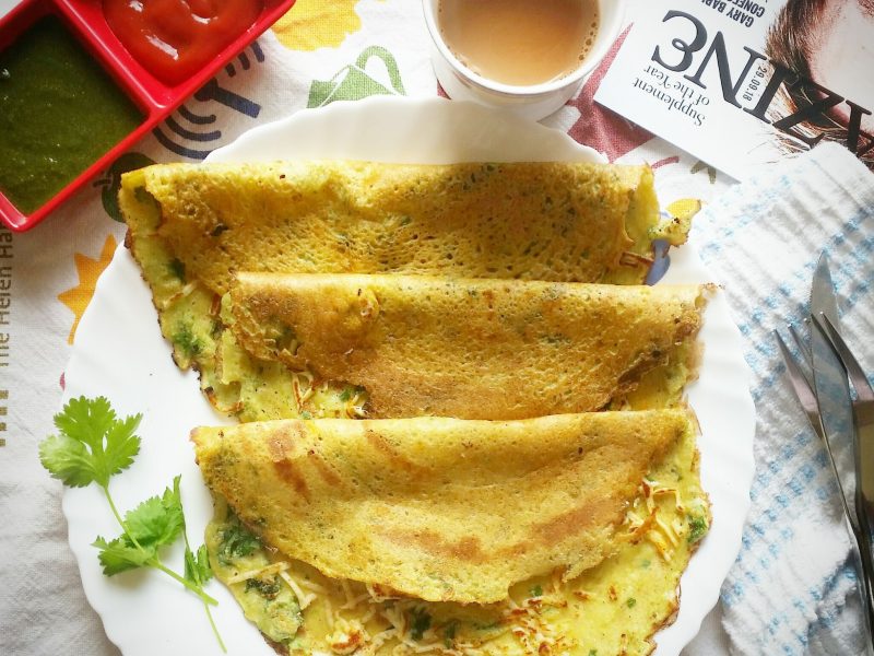 Moong Dal Cheelas with peas and paneer