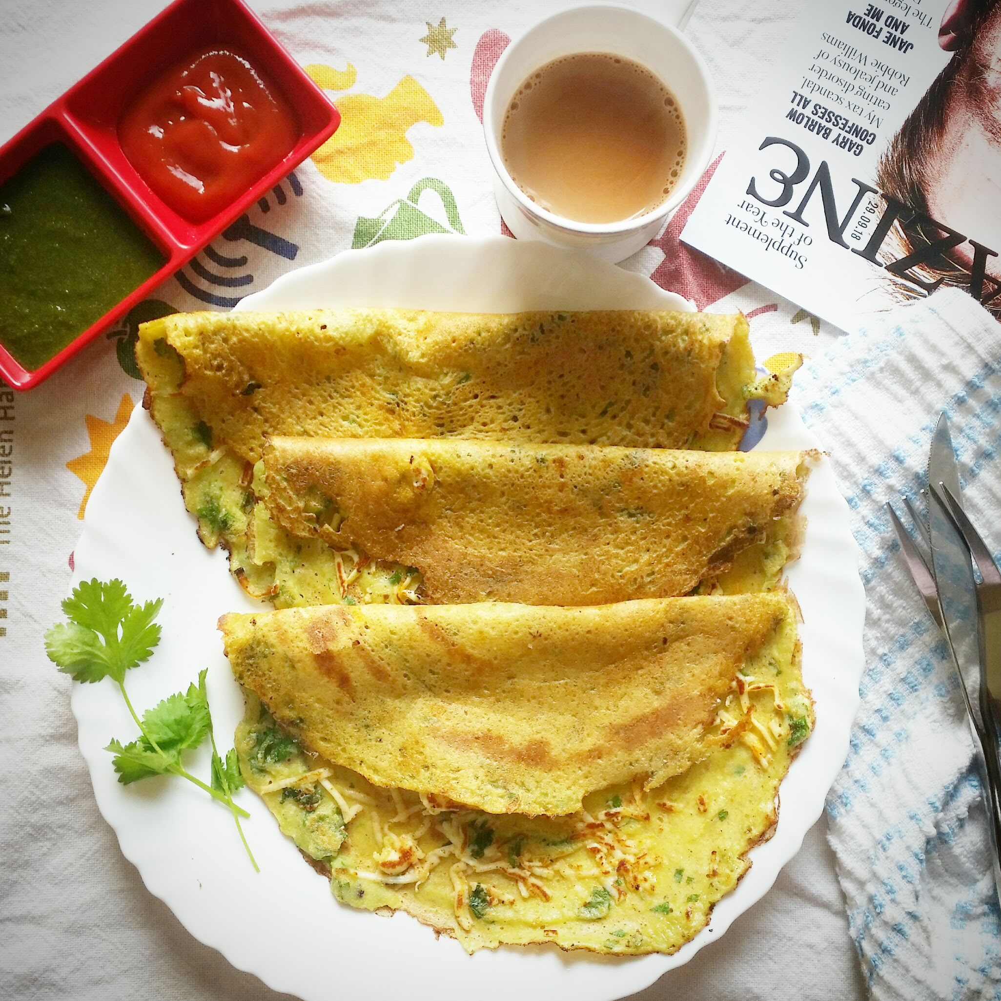 Moong Dal Cheelas with peas and paneer