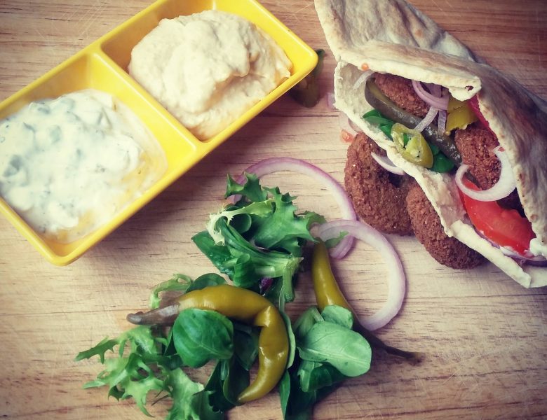 Falafel Pita Sandwich with hummous and Tzatziki